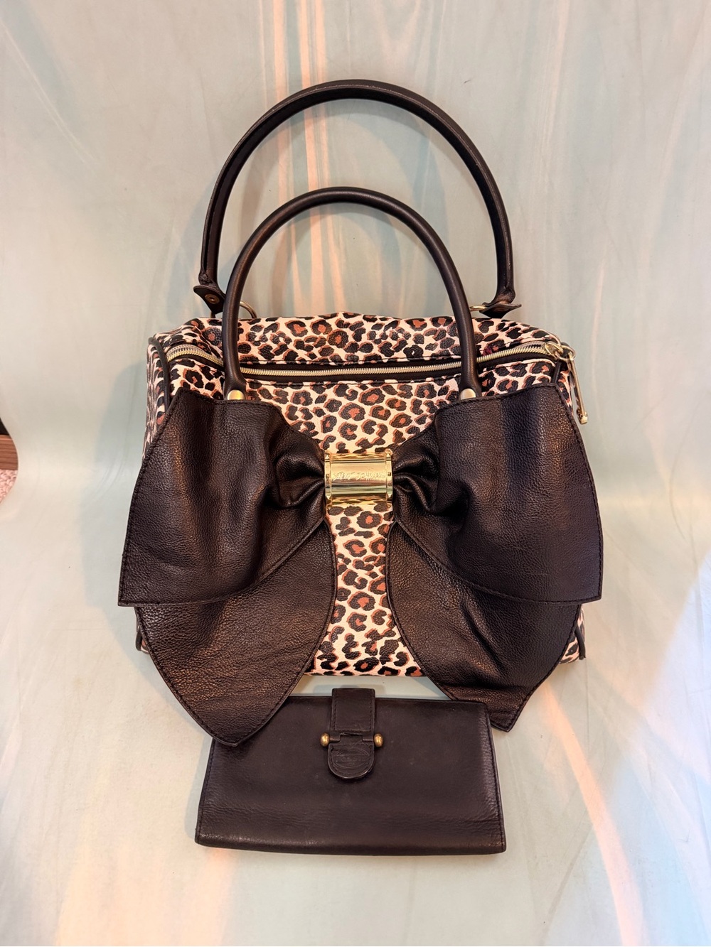 Betsey Johnson Leopard Print Satchel with Black Bow & Fossil wallet